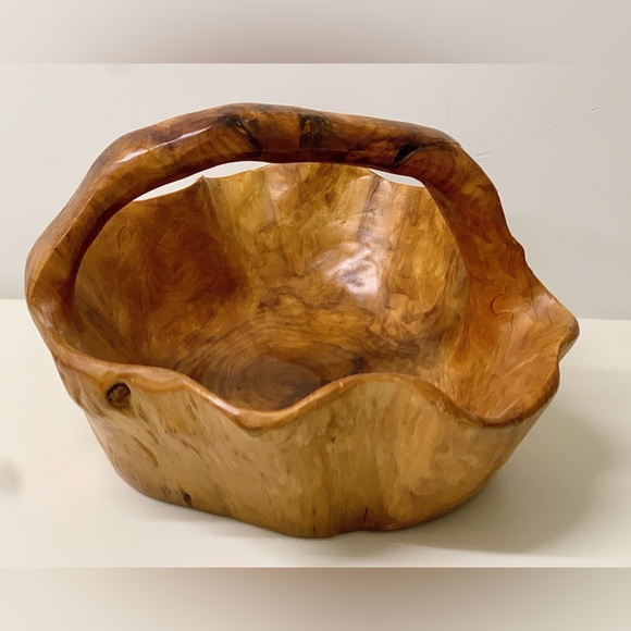 Mid Century Vtg Artisan Hand Carved Solid Tree Burl Wooden Fruit Bowl Basket - Picture 10 of 16